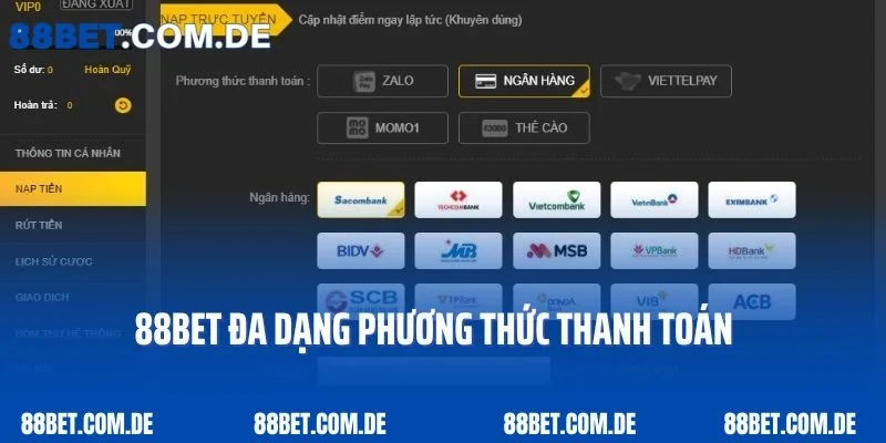 88bet đa dạng phương thức thanh toán cho người chơi